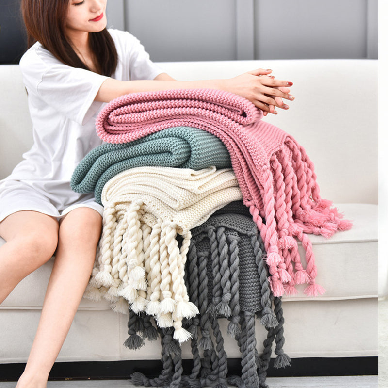 Green Tassel Fringe Knitting Blanket Warm Cozy Woven Cover Couch Bed Sofa Home Decor