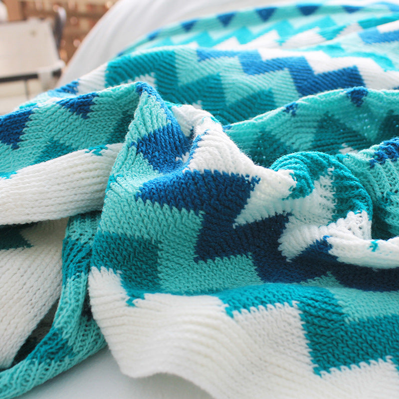 220cm Blue Zigzag Striped Throw Blanket Acrylic Wave Knitted Fringed Woven Cover Couch Bed Sofa Home Decor