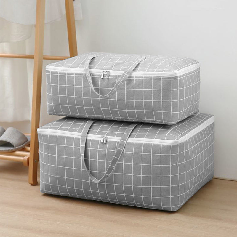2X Grey Plaid Large Storage Luggage Bag Double Zipper Foldable Travel Organiser Essentials