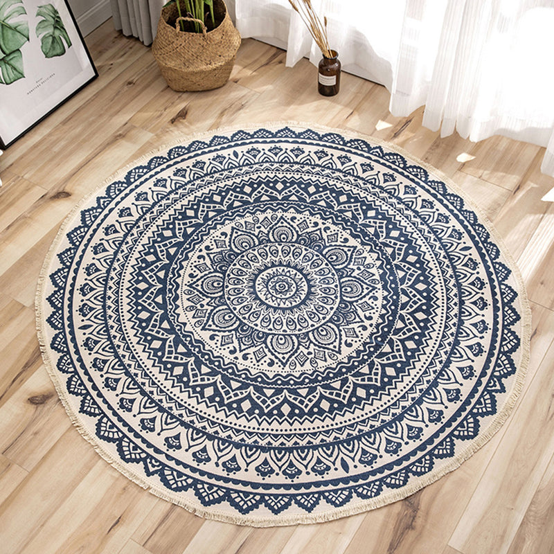 Dark Blue Carpet Soft Linen Bohemian Non-Slip Floor Retro Minimalist Round Rug Home Decor with Tassels