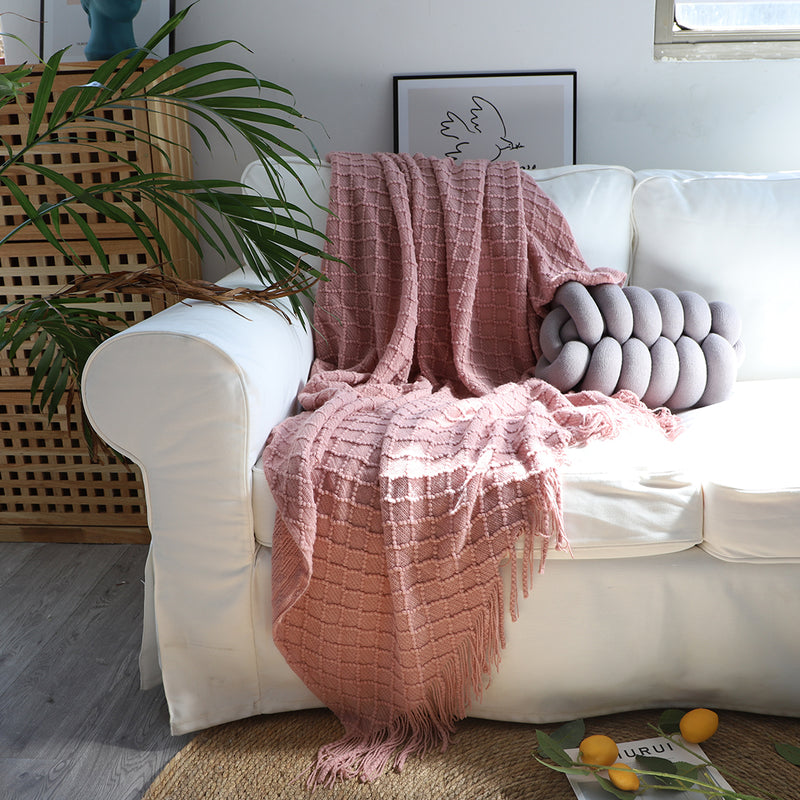 2X  Pink Diamond Pattern Knitted Throw Blanket Warm Cozy Woven Cover Couch Bed Sofa Home Decor with Tassels