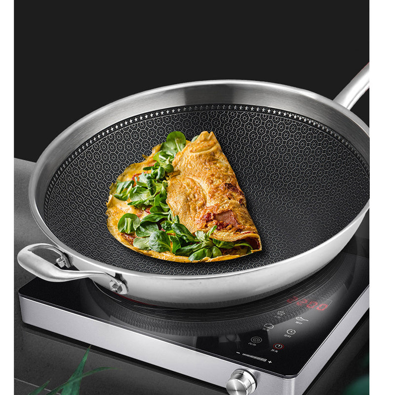 18/10 Stainless Steel Fry Pan 32cm Frying Pan Top Grade Non Stick Interior Skillet with Helper Handle and Lid