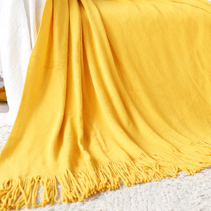 Yellow Acrylic Knitted Throw Blanket Solid Fringed Warm Cozy Woven Cover Couch Bed Sofa Home Decor