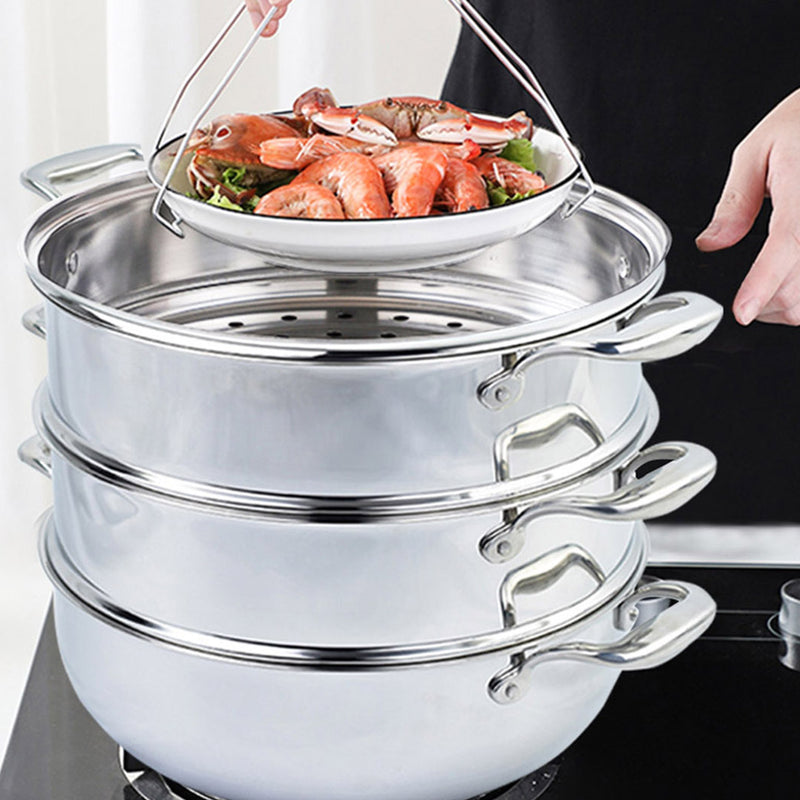 2X 3 Tier 30cm Heavy Duty Stainless Steel Food Steamer Vegetable Pot Stackable Pan Insert with Glass Lid