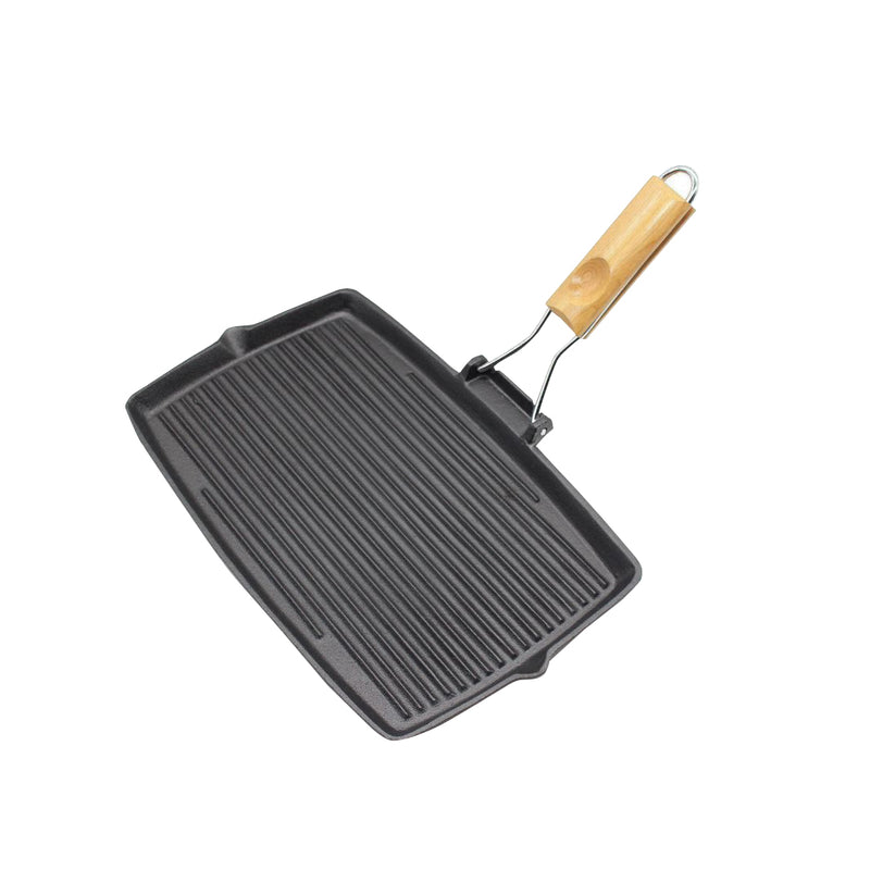 2X 20.5cm Rectangular Cast Iron Griddle Grill Frying Pan with Folding Wooden Handle