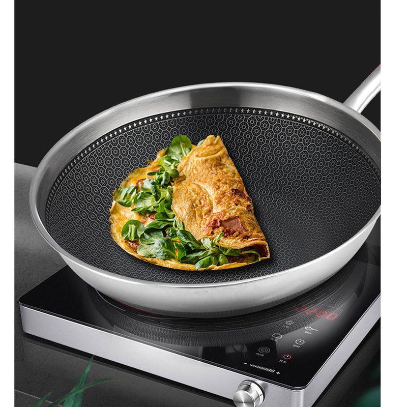 2X 18/10 Stainless Steel Fry Pan 30cm Frying Pan Top Grade Cooking Non Stick Interior Skillet with Lid