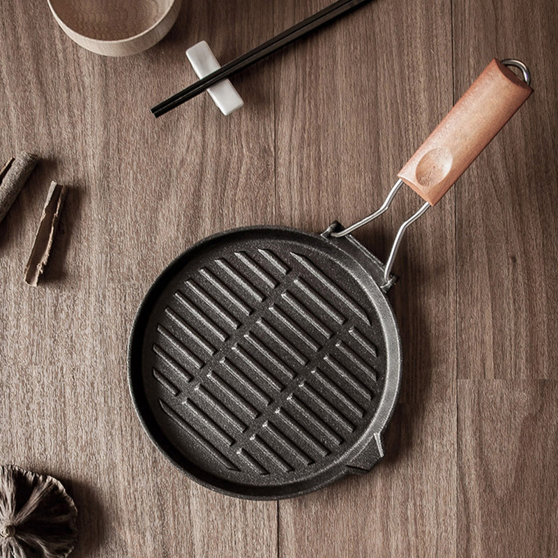 2X 24cm Round Ribbed Cast Iron Steak Frying Grill Skillet Pan with Folding Wooden Handle