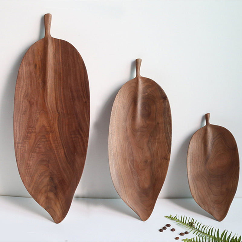 Set of 2 Walnut Leaf Shape Wooden Tray Food Charcuterie Serving Board Paddle Centerpiece Home Decor
