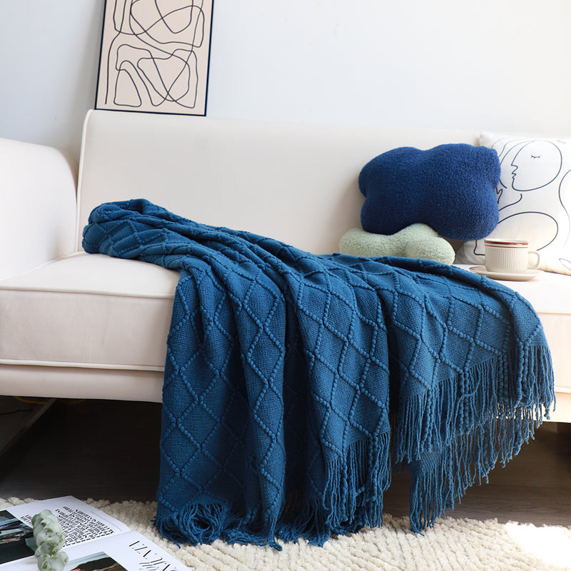 Royal Blue Diamond Pattern Knitted Throw Blanket Warm Cozy Woven Cover Couch Bed Sofa Home Decor with Tassels