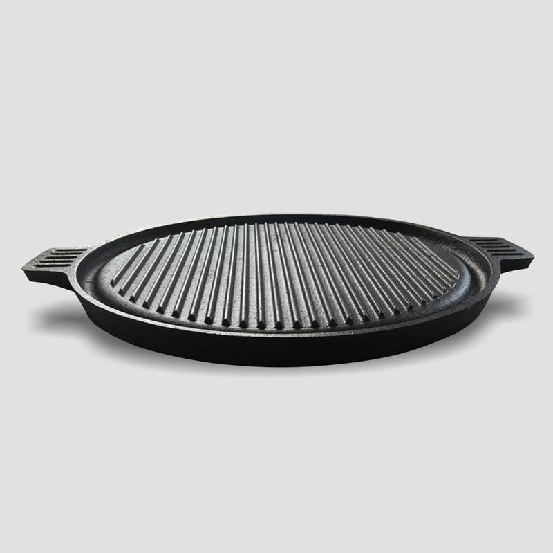 43cm Round Ribbed Cast Iron Frying Pan Skillet Steak Sizzle Platter with Handle