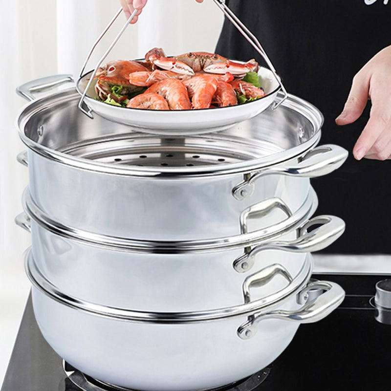 3 Tier 28cm Heavy Duty Stainless Steel Food Steamer Vegetable Pot Stackable Pan Insert with Glass Lid