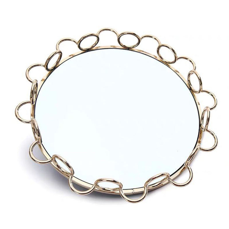 33cm Bronze-Colored Round Mirror Glass Metal Tray Vanity Makeup Perfume Jewelry Organiser with Handles