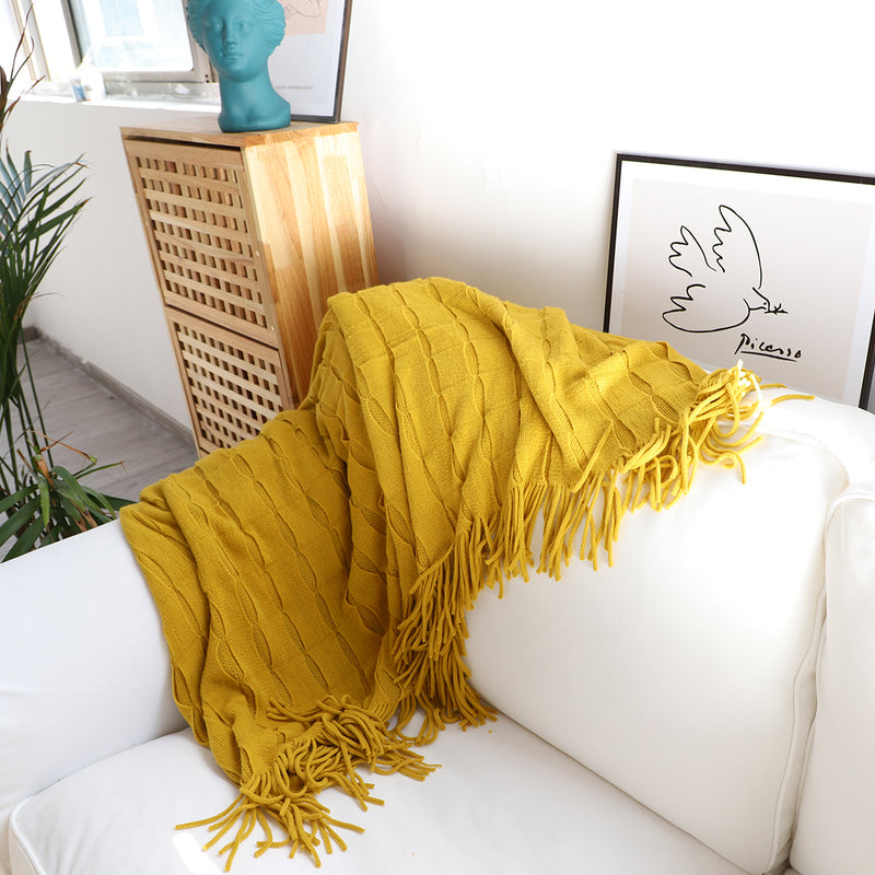 2X Mustard Textured Knitted Throw Blanket Warm Cozy Woven Cover Couch Bed Sofa Home Decor with Tassels