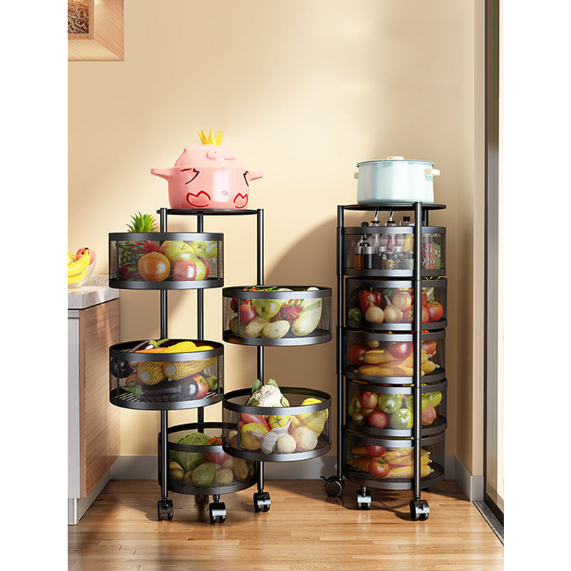 5 Tier Steel Round Rotating Kitchen Cart Multi-Functional Shelves Portable Storage Organizer with Wheels