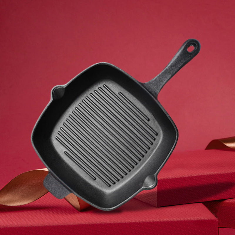 26cm Square Ribbed Cast Iron Frying Pan Skillet Steak Sizzle Platter with Handle