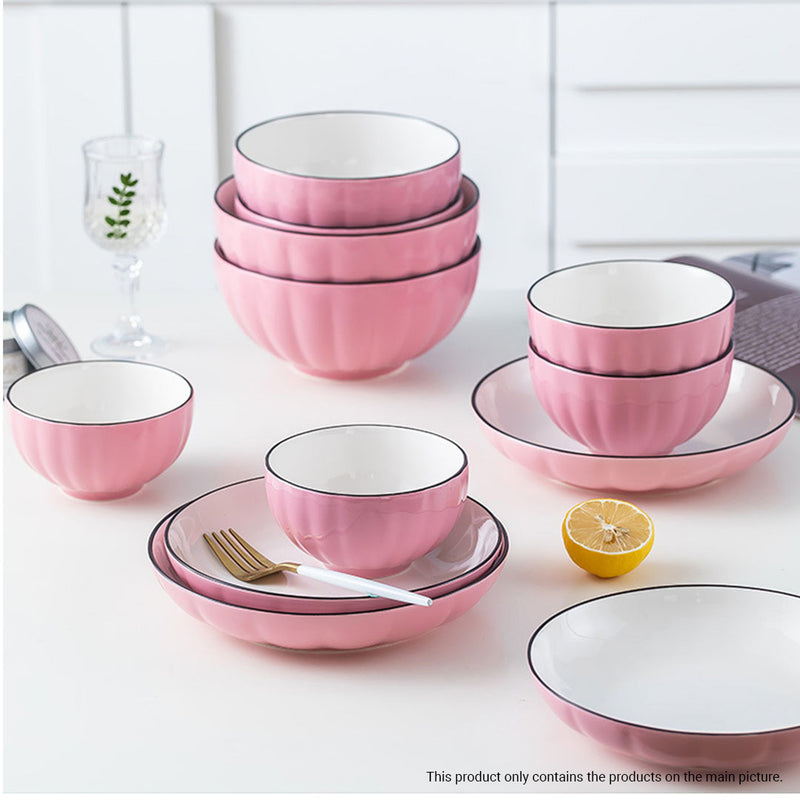 Pink Japanese Style Ceramic Dinnerware Crockery Soup Bowl Plate Server Kitchen Home Decor Set of 10