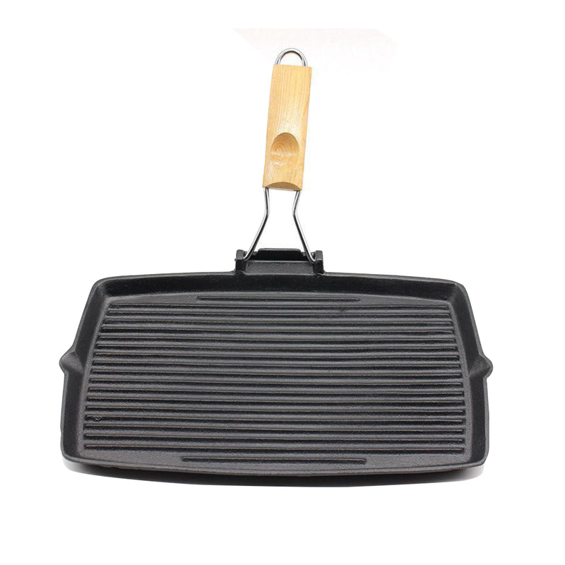 2X 20.5cm Rectangular Cast Iron Griddle Grill Frying Pan with Folding Wooden Handle