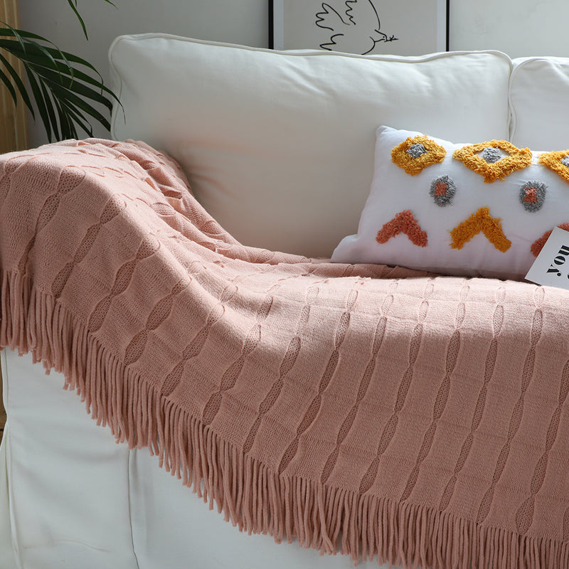 Pink Textured Knitted Throw Blanket Warm Cozy Woven Cover Couch Bed Sofa Home Decor with Tassels