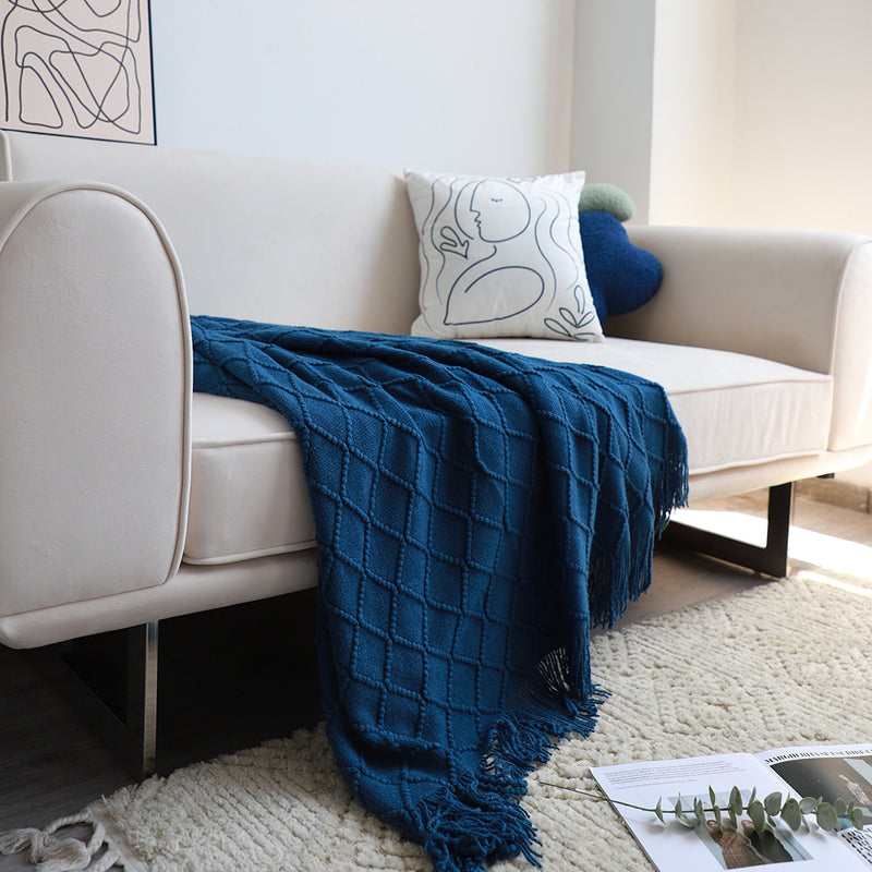 Royal Blue Diamond Pattern Knitted Throw Blanket Warm Cozy Woven Cover Couch Bed Sofa Home Decor with Tassels