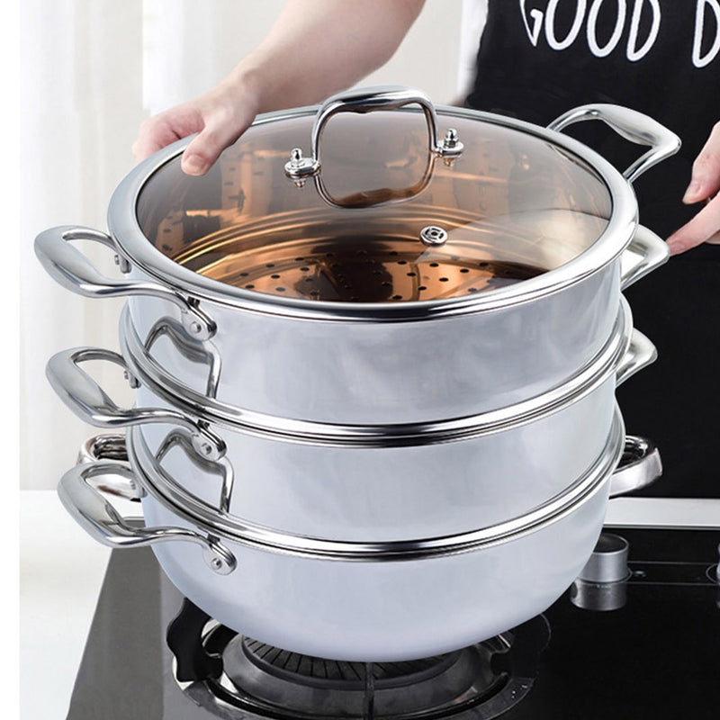 3 Tier 30cm Heavy Duty Stainless Steel Food Steamer Vegetable Pot Stackable Pan Insert with Glass Lid