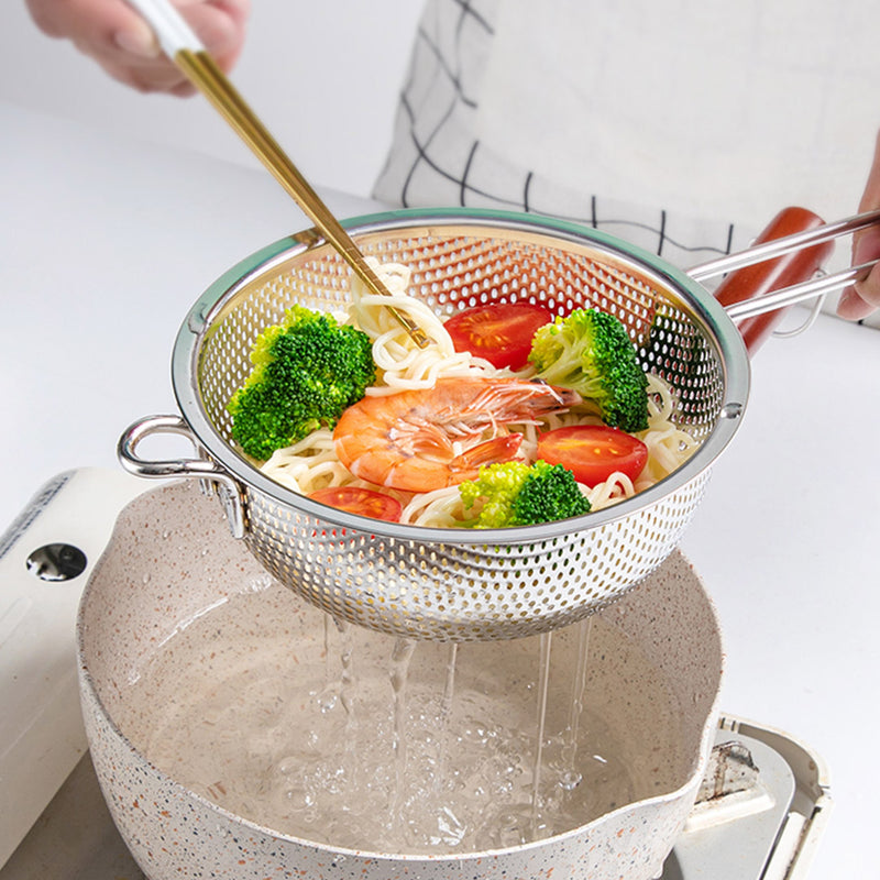 Stainless Steel Perforated Colander Fine Mesh Net Food Strainer Basket with Handle Skimmer Sieve Set