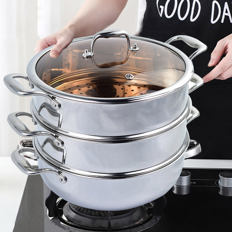 2X 3 Tier 26cm Heavy Duty Stainless Steel Food Steamer Vegetable Pot Stackable Pan Insert with Glass Lid