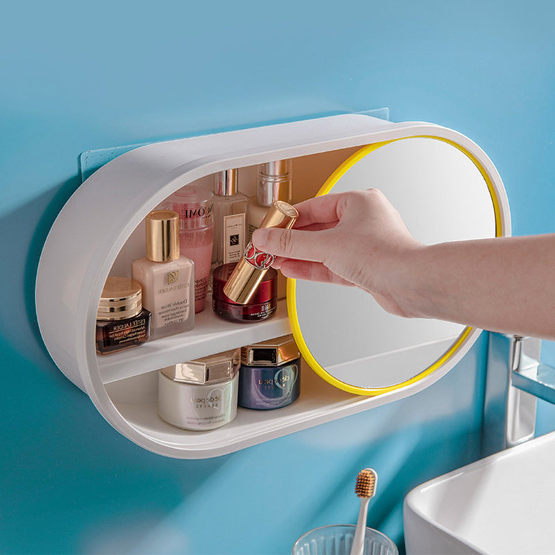 2X 39cm Oval Wall-Mounted Mirror Storage Box Vanity Mirror Rack Bathroom Adhesive Shelf Home Organiser Decor