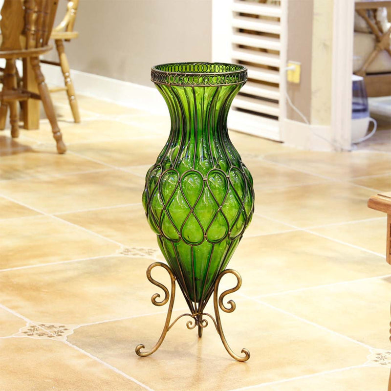 67cm Green Glass Tall Floor Vase with Metal Flower Stand