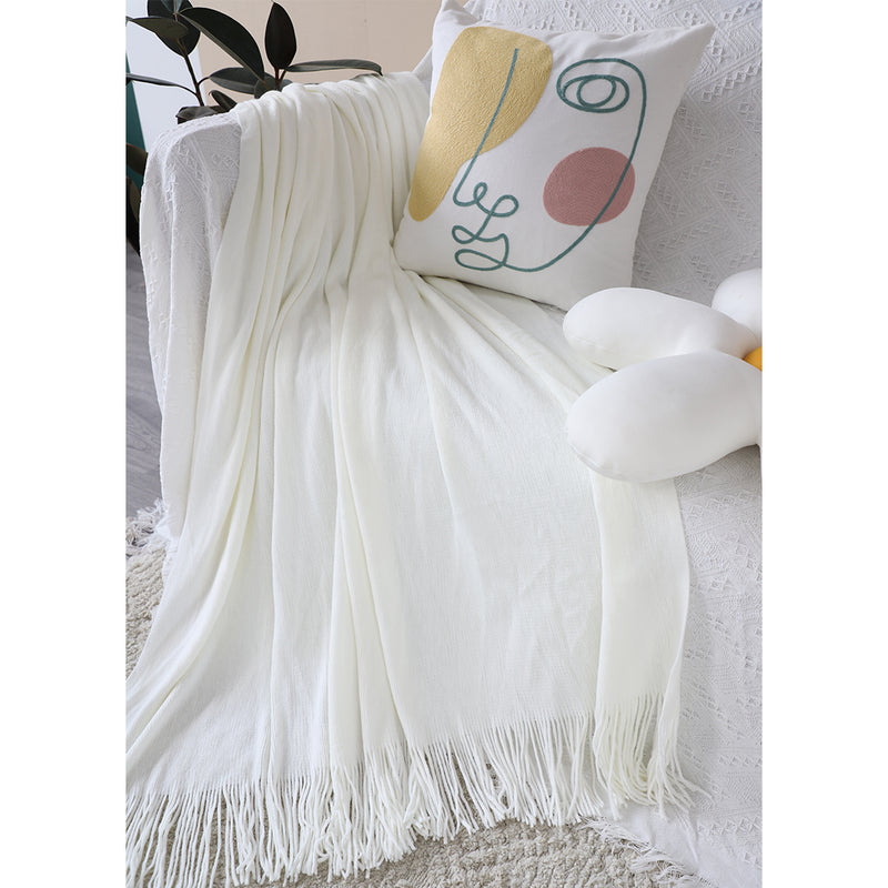 2X White Acrylic Knitted Throw Blanket Solid Fringed Warm Cozy Woven Cover Couch Bed Sofa Home Decor