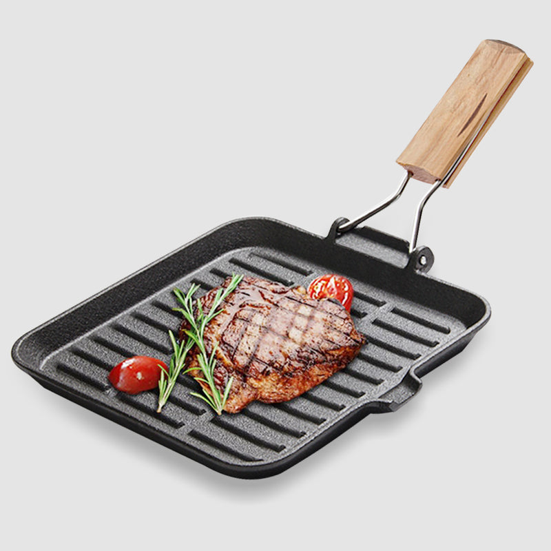 24cm Ribbed Cast Iron Square Steak Frying Grill Skillet Pan with Folding Wooden Handle
