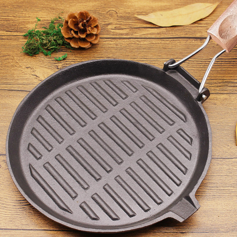 24cm Round Ribbed Cast Iron Steak Frying Grill Skillet Pan with Folding Wooden Handle