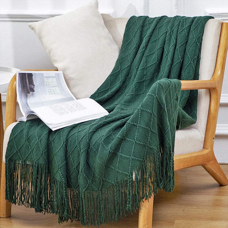 Green Diamond Pattern Knitted Throw Blanket Warm Cozy Woven Cover Couch Bed Sofa Home Decor with Tassels