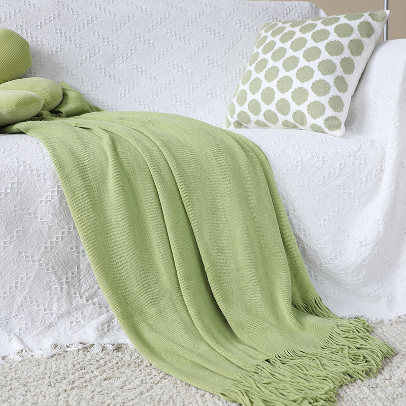 Green Acrylic Knitted Throw Blanket Solid Fringed Warm Cozy Woven Cover Couch Bed Sofa Home Decor