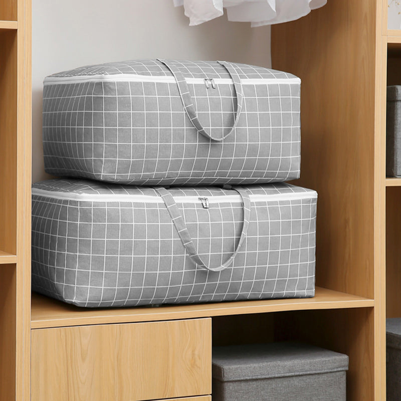 2X Grey Plaid Large Storage Luggage Bag Double Zipper Foldable Travel Organiser Essentials