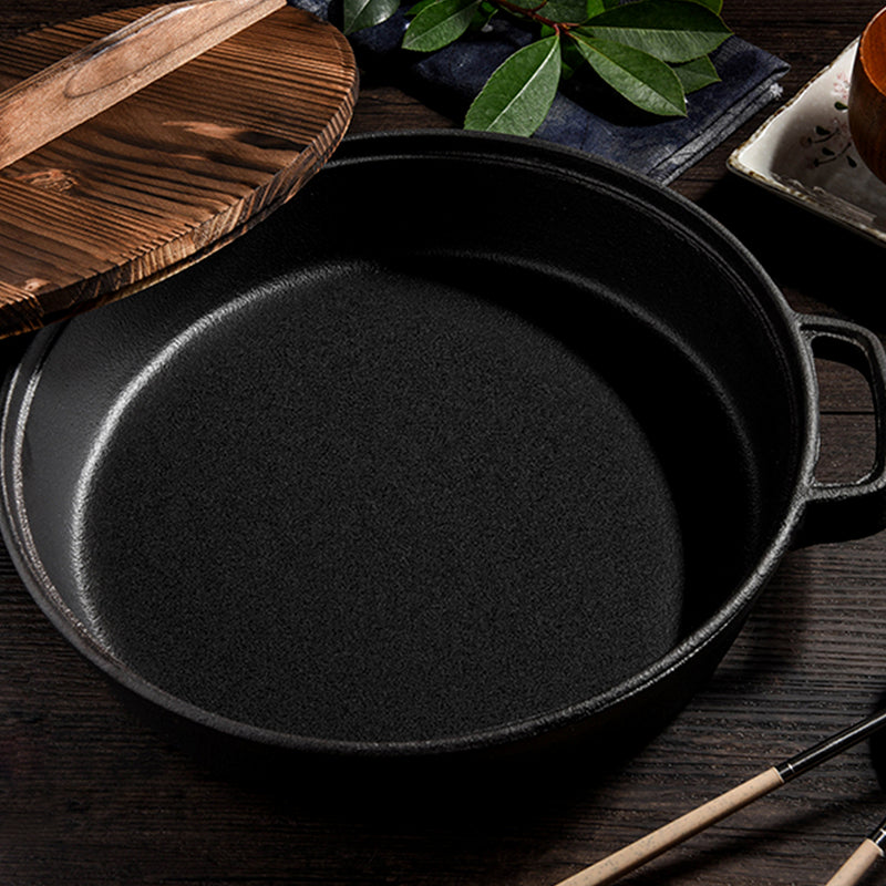 2X 35cm Round Cast Iron Pre-seasoned Deep Baking Pizza Frying Pan Skillet with Wooden Lid