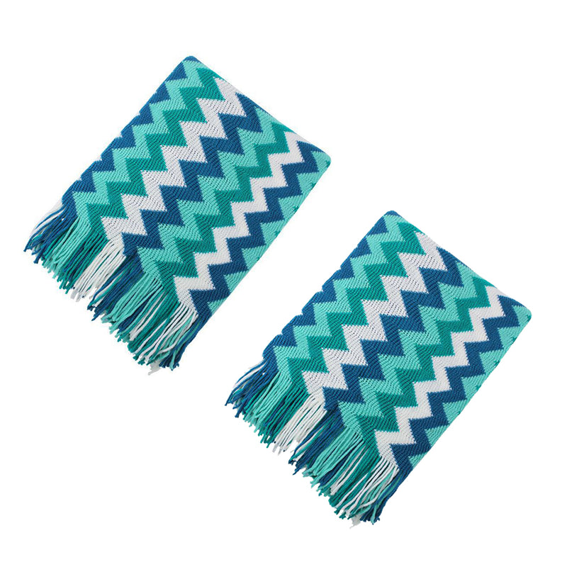 2X 220cm Blue Zigzag Striped Throw Blanket Acrylic Wave Knitted Fringed Woven Cover Couch Bed Sofa Home Decor