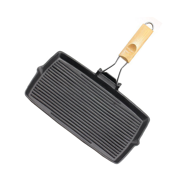 2X 20.5cm Rectangular Cast Iron Griddle Grill Frying Pan with Folding Wooden Handle