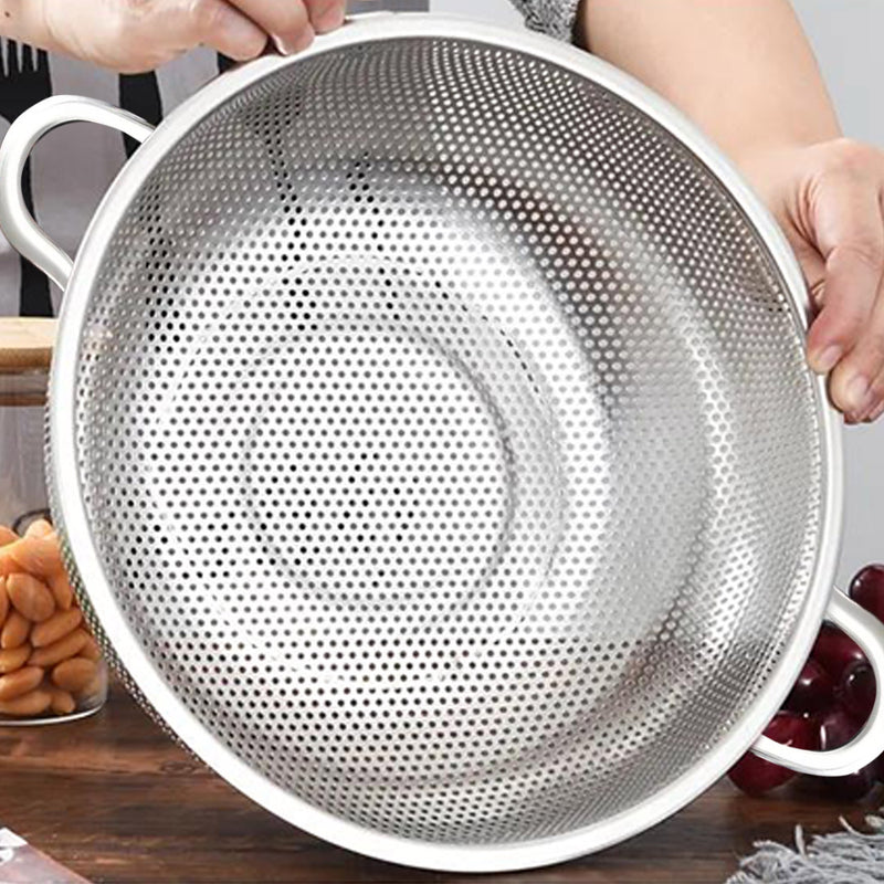 Stainless Steel Perforated Metal Colander Set Food Strainer Basket Mesh Net Bowl with 2 Handle