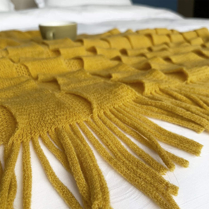 Mustard Textured Knitted Throw Blanket Warm Cozy Woven Cover Couch Bed Sofa Home Decor with Tassels