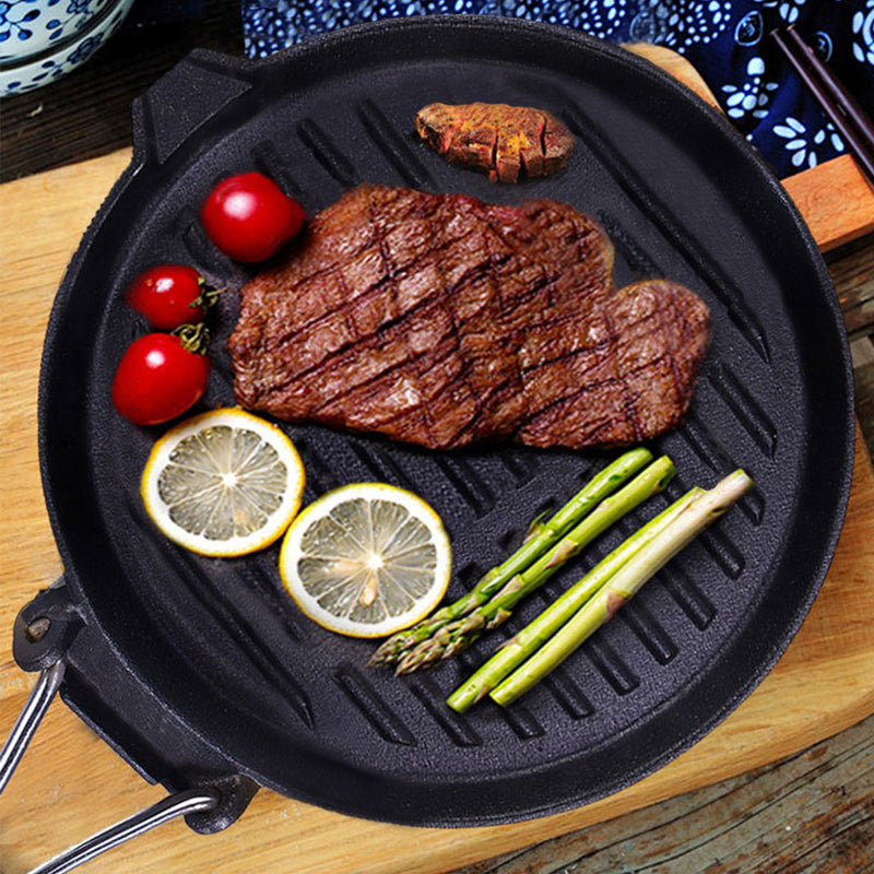 2X 24cm Round Ribbed Cast Iron Steak Frying Grill Skillet Pan with Folding Wooden Handle