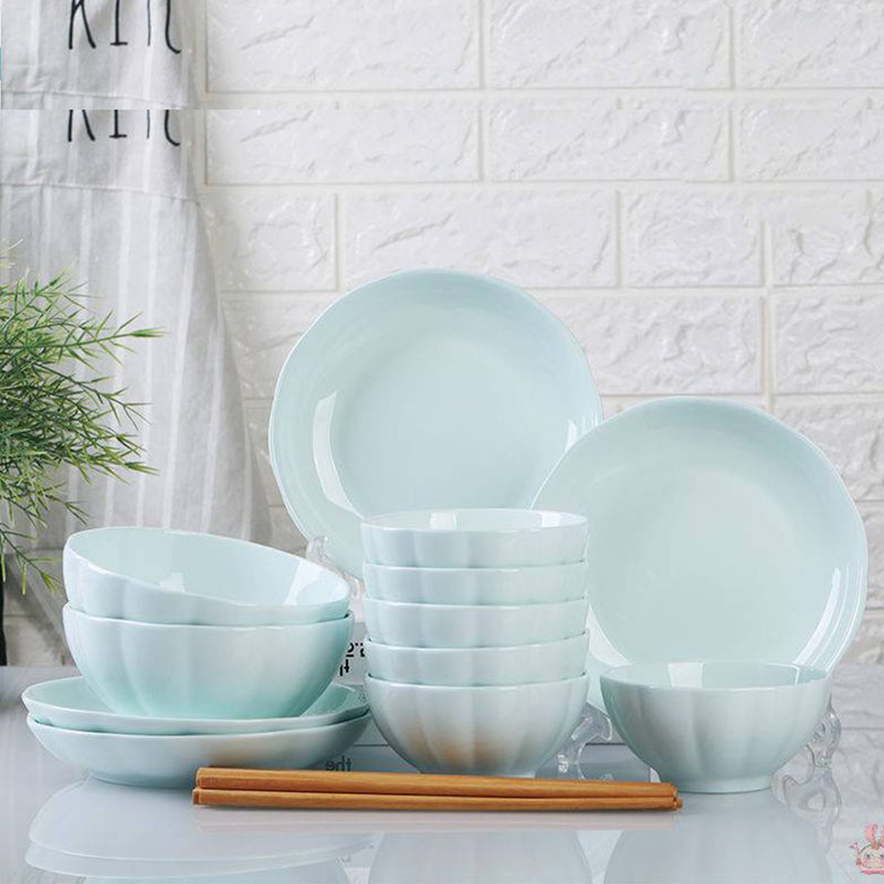 Light Blue Japanese Style Ceramic Dinnerware Crockery Soup Bowl Plate Server Kitchen Home Decor Set of 8