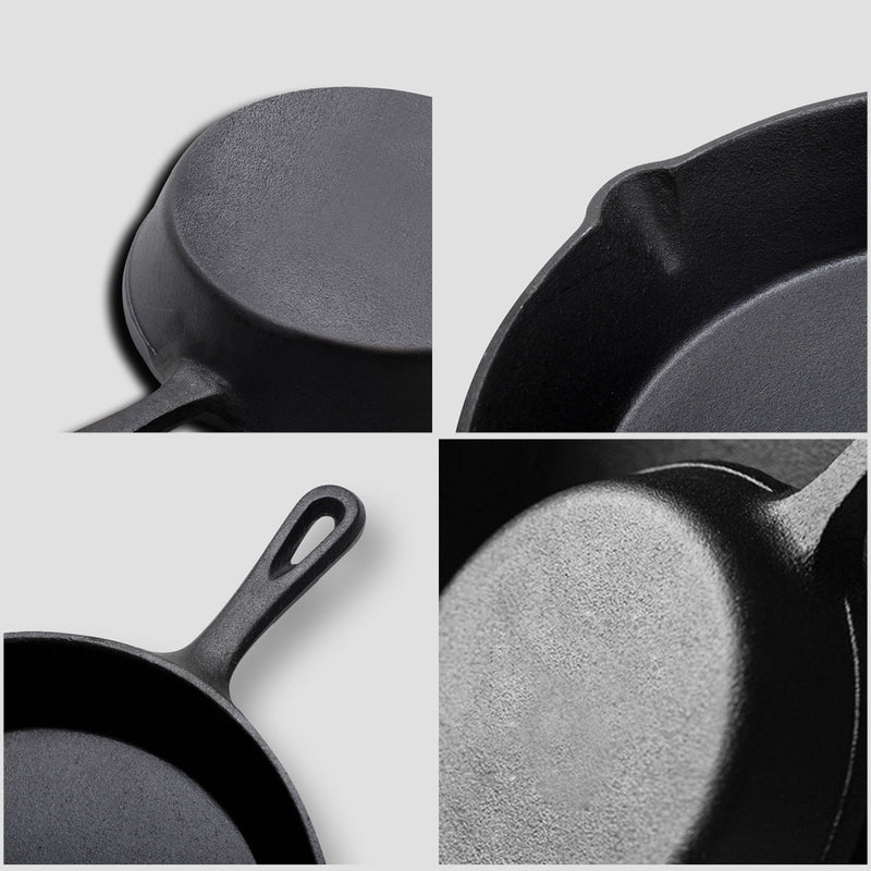 2X 26cm Round Cast Iron Frying Pan Skillet Steak Sizzle Platter with Handle