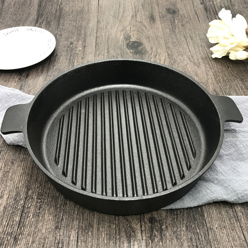 25cm Round Ribbed Cast Iron Frying Pan Skillet Steak Sizzle Platter with Handle