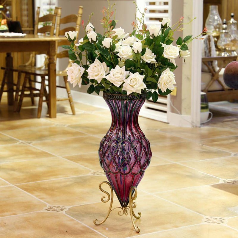 67cm Purple Glass Tall Floor Vase with Metal Flower Stand