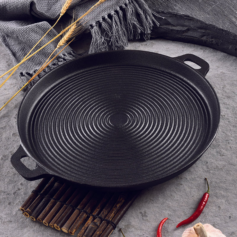 2X 35cm Round Ribbed Cast Iron Frying Pan Skillet Steak Sizzle Platter with Handle