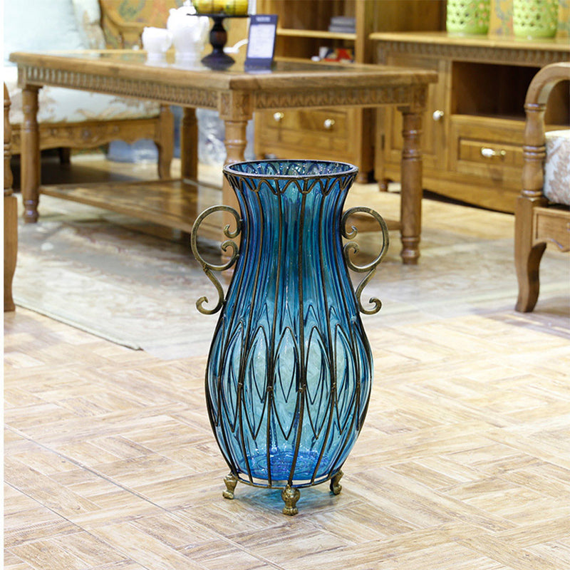 51cm Blue Glass Tall Floor Vase with 12pcs Artificial Fake Flower Set