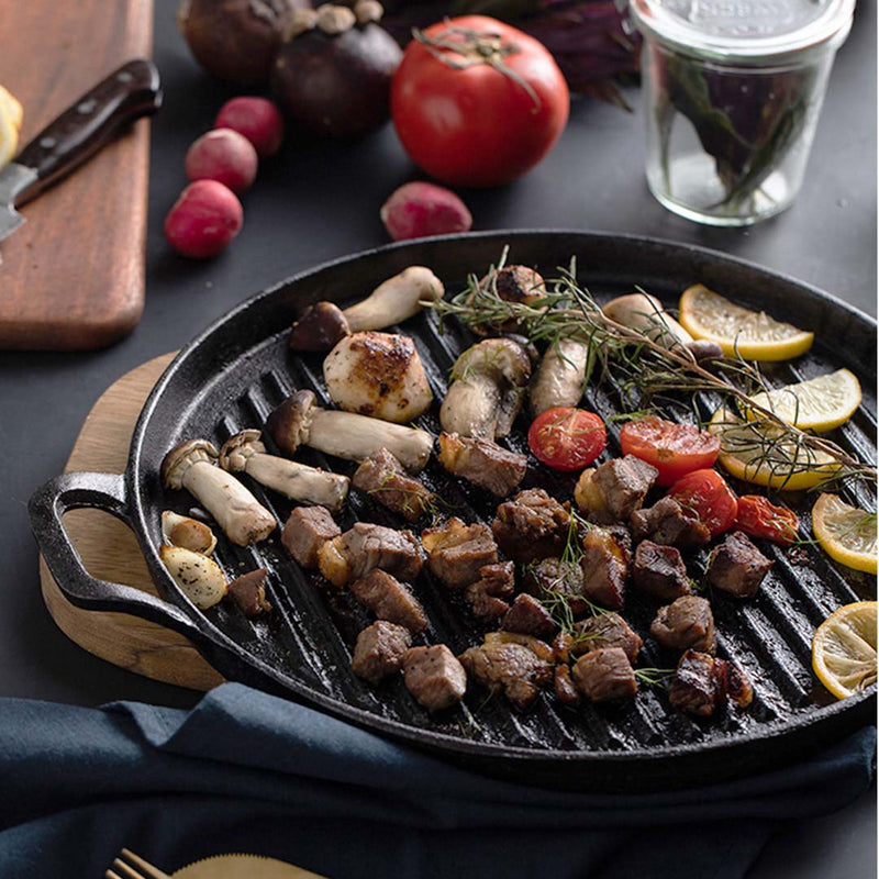 30cm Ribbed Cast Iron Frying Pan Skillet Coating Steak Sizzle Platter