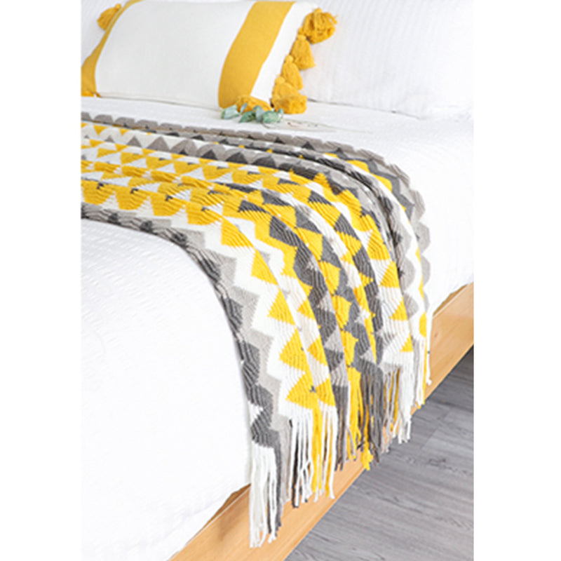 220cm Yellow Zigzag Striped Throw Blanket Acrylic Wave Knitted Fringed Woven Cover Couch Bed Sofa Home Decor