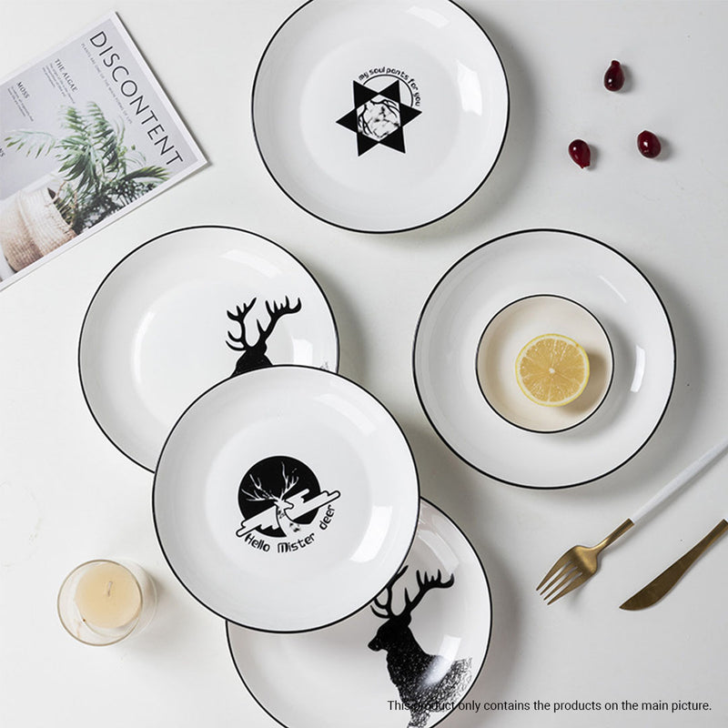 White Antler Printed Ceramic Dinnerware Set Crockery Soup Bowl Plate Server Kitchen Home Decor Set of 34