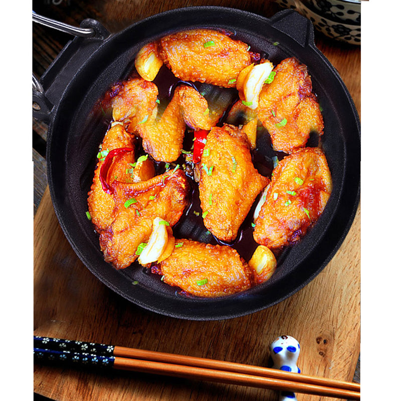 2X 24cm Round Ribbed Cast Iron Steak Frying Grill Skillet Pan with Folding Wooden Handle